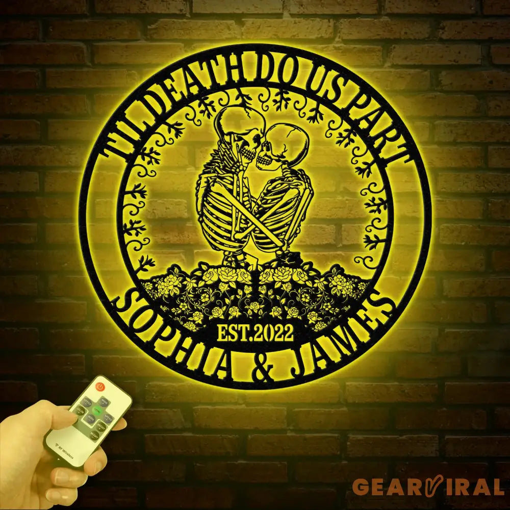 Custom Skeleton Couple Kissing Metal Wall Art with LED Light Gothic Home Decor Skull Lover Gift Halloween or