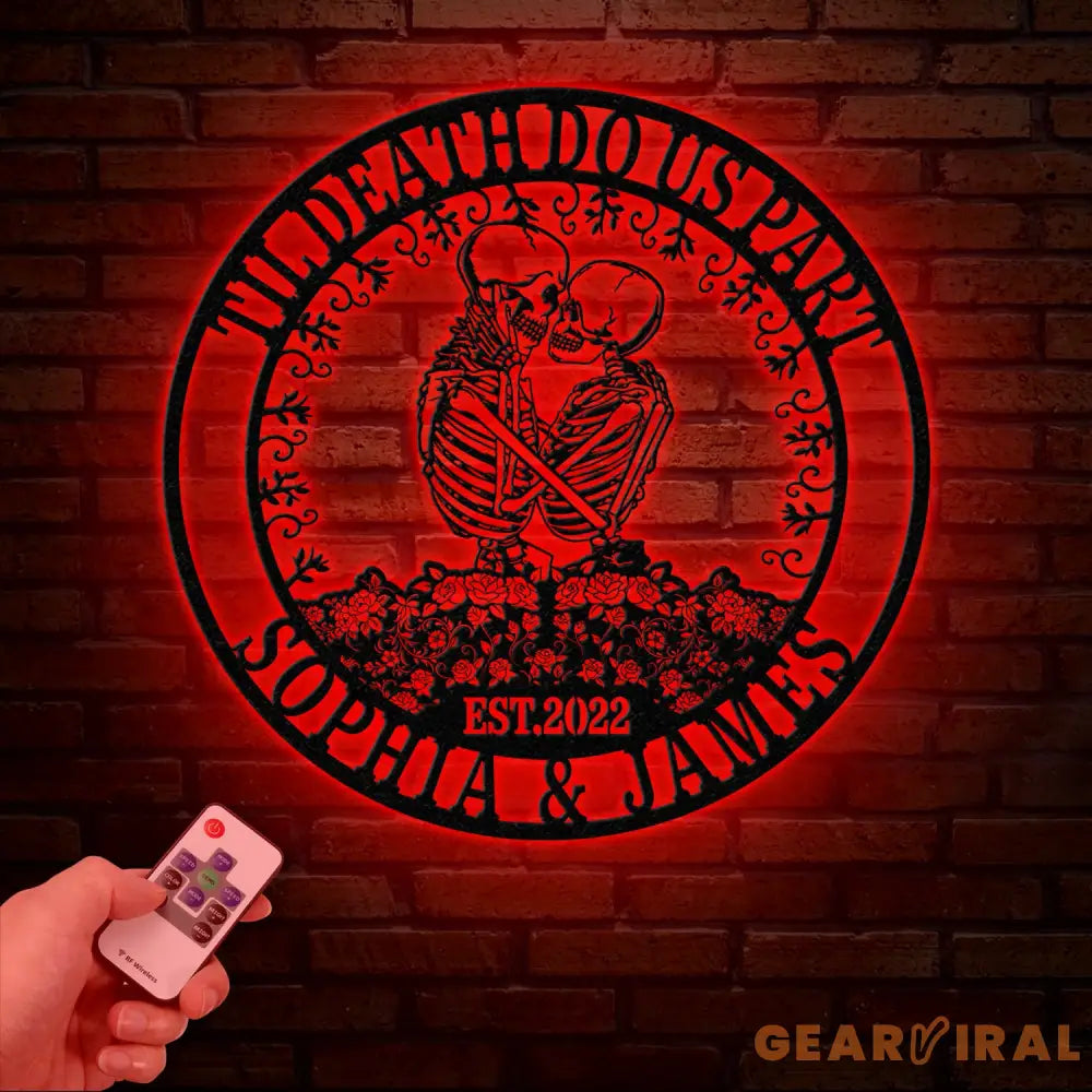 Custom Skeleton Couple Kissing Metal Wall Art with LED Light Gothic Home Decor Skull Lover Gift Halloween or