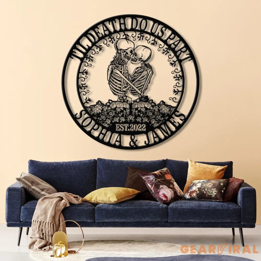 Custom Skeleton Couple Kissing Metal Wall Art with LED Light Gothic Home Decor Skull Lover Gift Halloween or