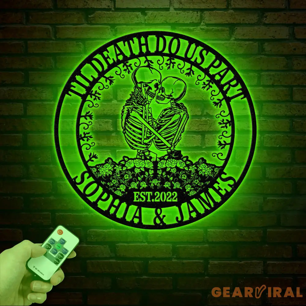 Custom Skeleton Couple Kissing Metal Wall Art with LED Light Gothic Home Decor Skull Lover Gift Halloween or