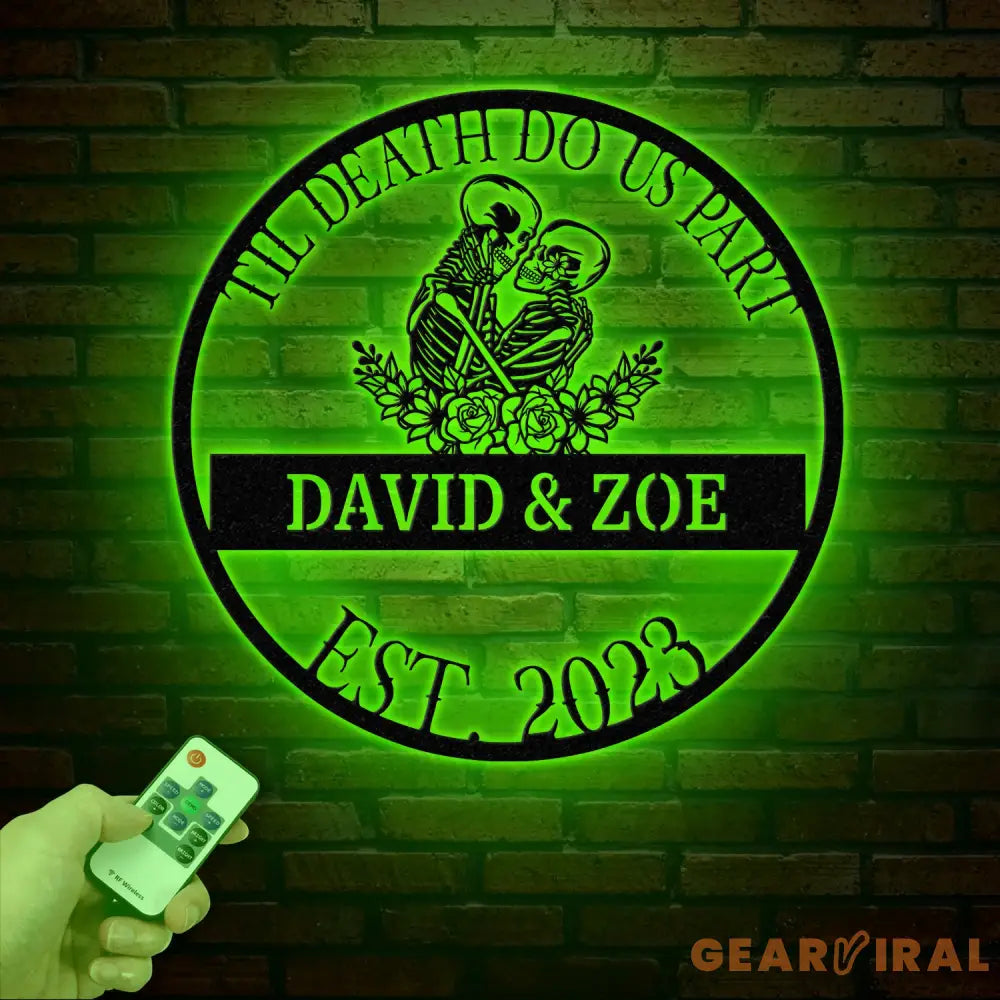 Custom Skeleton Couple Kissing Metal Wall Art with LED Light Gothic Home Decor Skull Lover Gift Halloween or