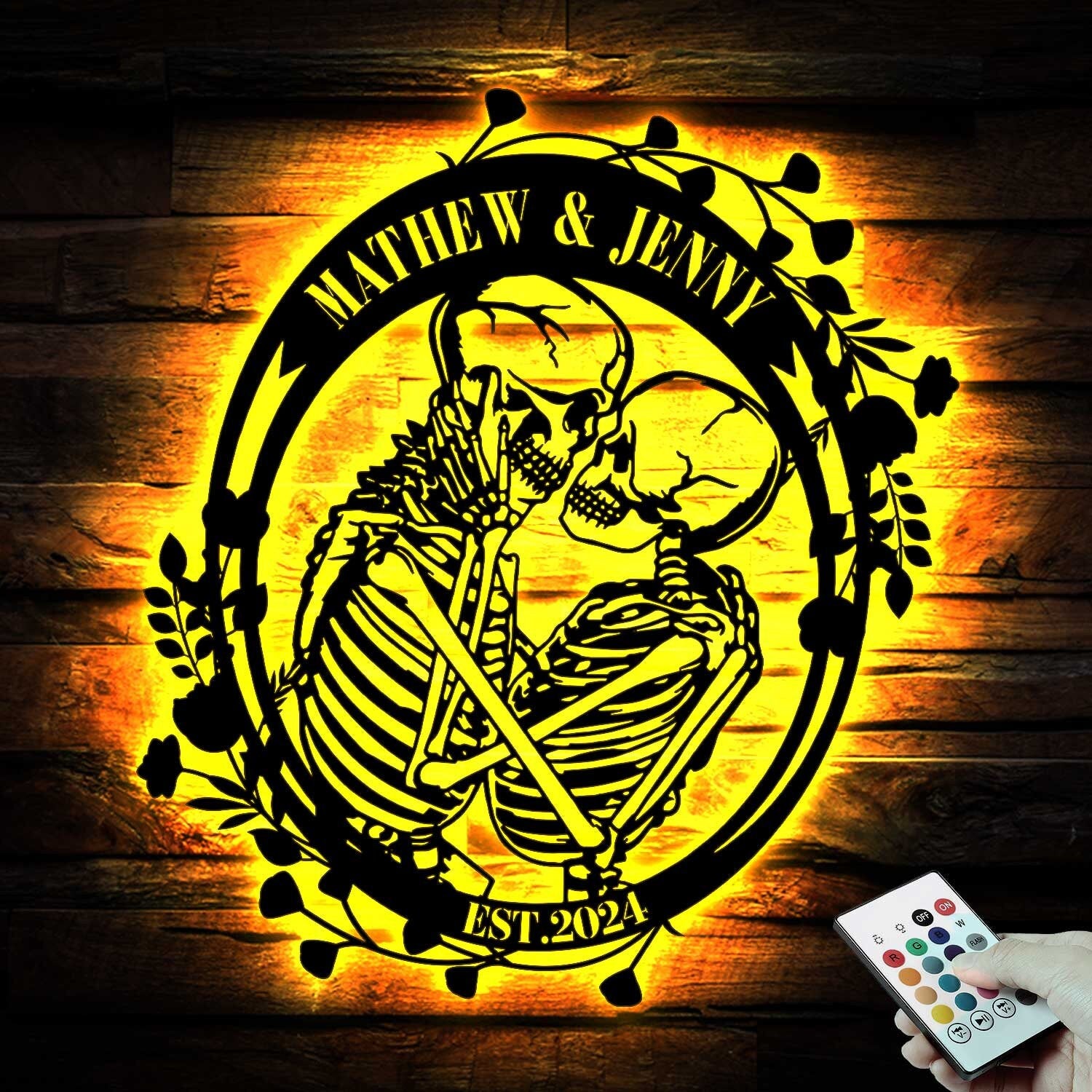 Custom Skeleton Couple Kissing with Roses Metal Wall Led Light - Skull Lover Gift - Gothic Home Decor - Wedding Gift | GearViral