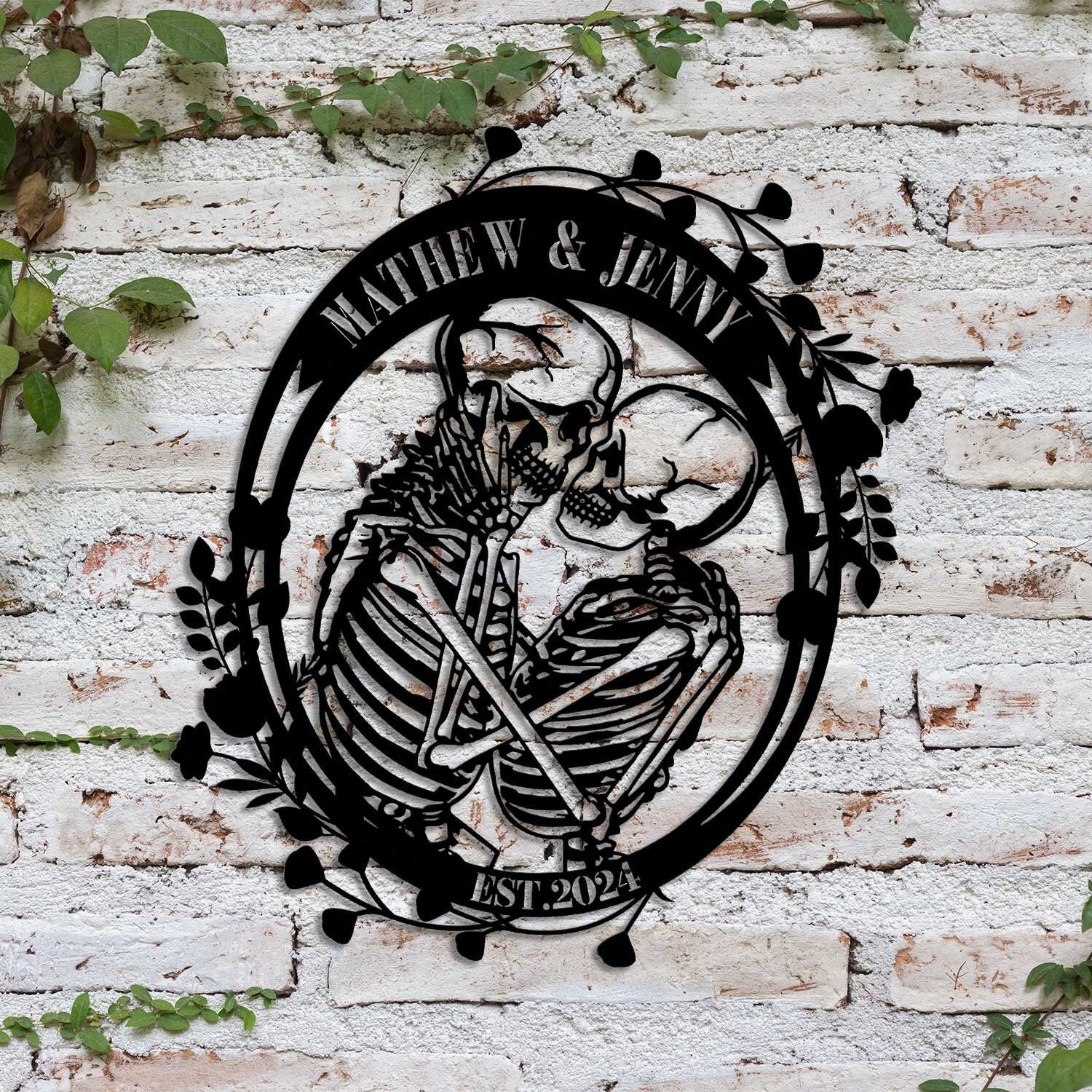 Custom Skeleton Couple Kissing with Roses Metal Wall Led Light - Skull Lover Gift - Gothic Home Decor - Wedding Gift | GearViral