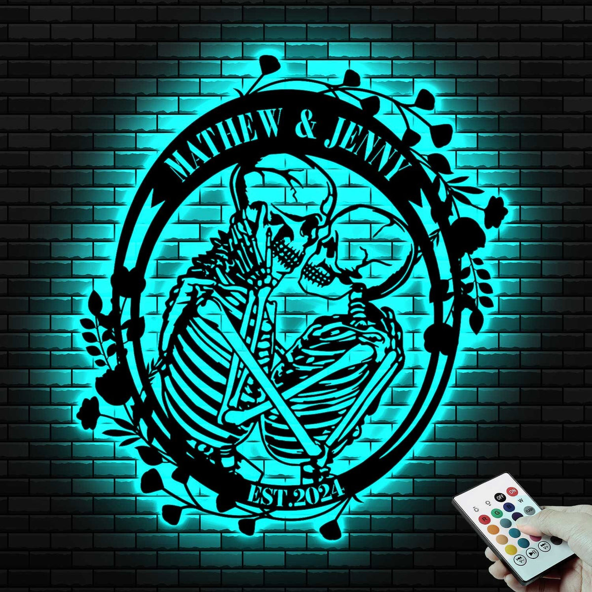 Custom Skeleton Couple Kissing with Roses Metal Wall Led Light - Skull Lover Gift - Gothic Home Decor - Wedding Gift | GearViral