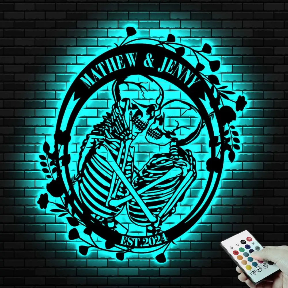 Custom Skeleton Couple Kissing with Roses Metal Wall Led Light - Skull Lover Gift - Gothic Home Decor - Wedding Gift