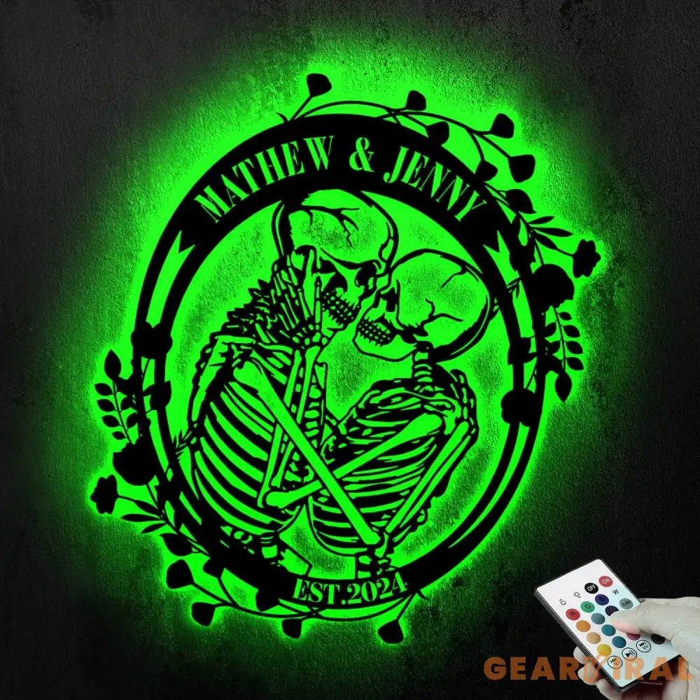 Custom Skeleton Couple Kissing with Roses Metal Wall Led Light - Skull Lover Gift - Gothic Home Decor - Wedding Gift