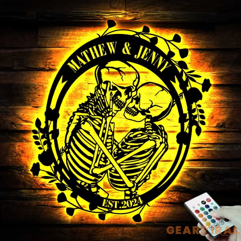 Custom Skeleton Couple Kissing with Roses Metal Wall Led Light - Skull Lover Gift - Gothic Home Decor - Wedding Gift