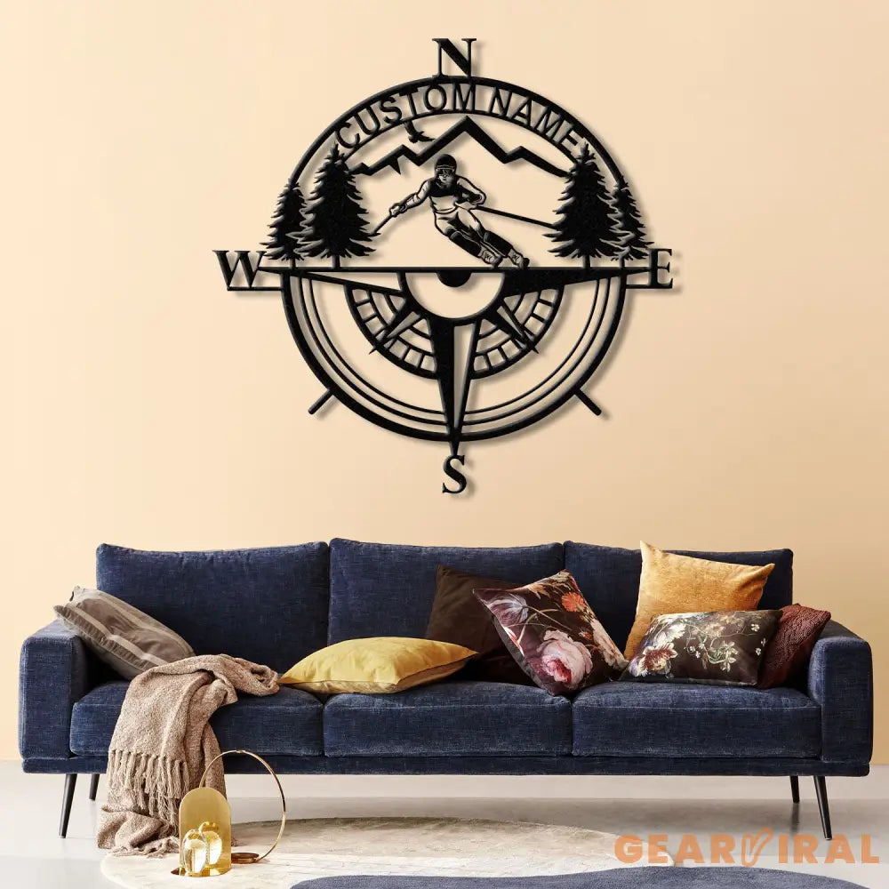 Custom Skiing Metal Sign with LED Lights - Personalized Ski Wall Art - Skier Gift & Compass Decor - Ski Home & Snow
