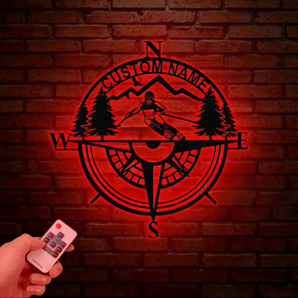 Custom Skiing Metal Sign with LED Lights - Personalized Ski Wall Art - Skier Gift & Compass Decor - Ski Home & Snow