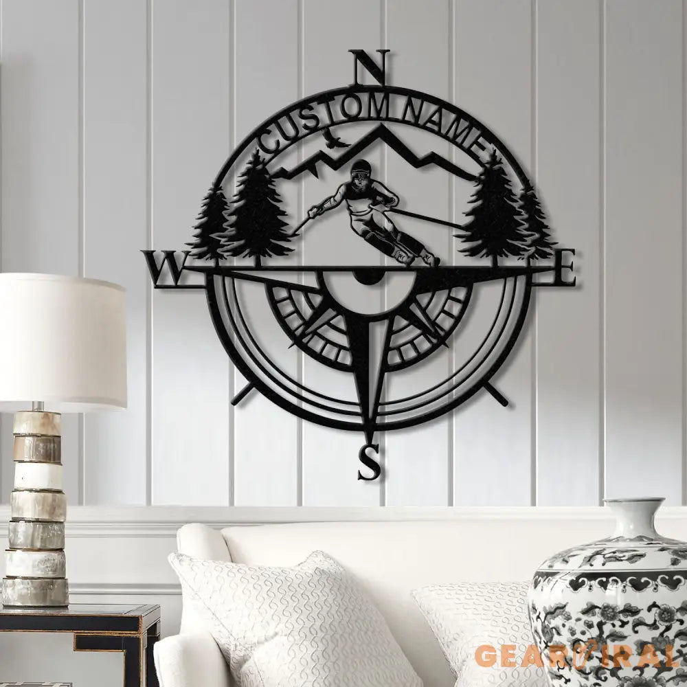 Custom Skiing Metal Sign with LED Lights - Personalized Ski Wall Art - Skier Gift & Compass Decor - Ski Home & Snow