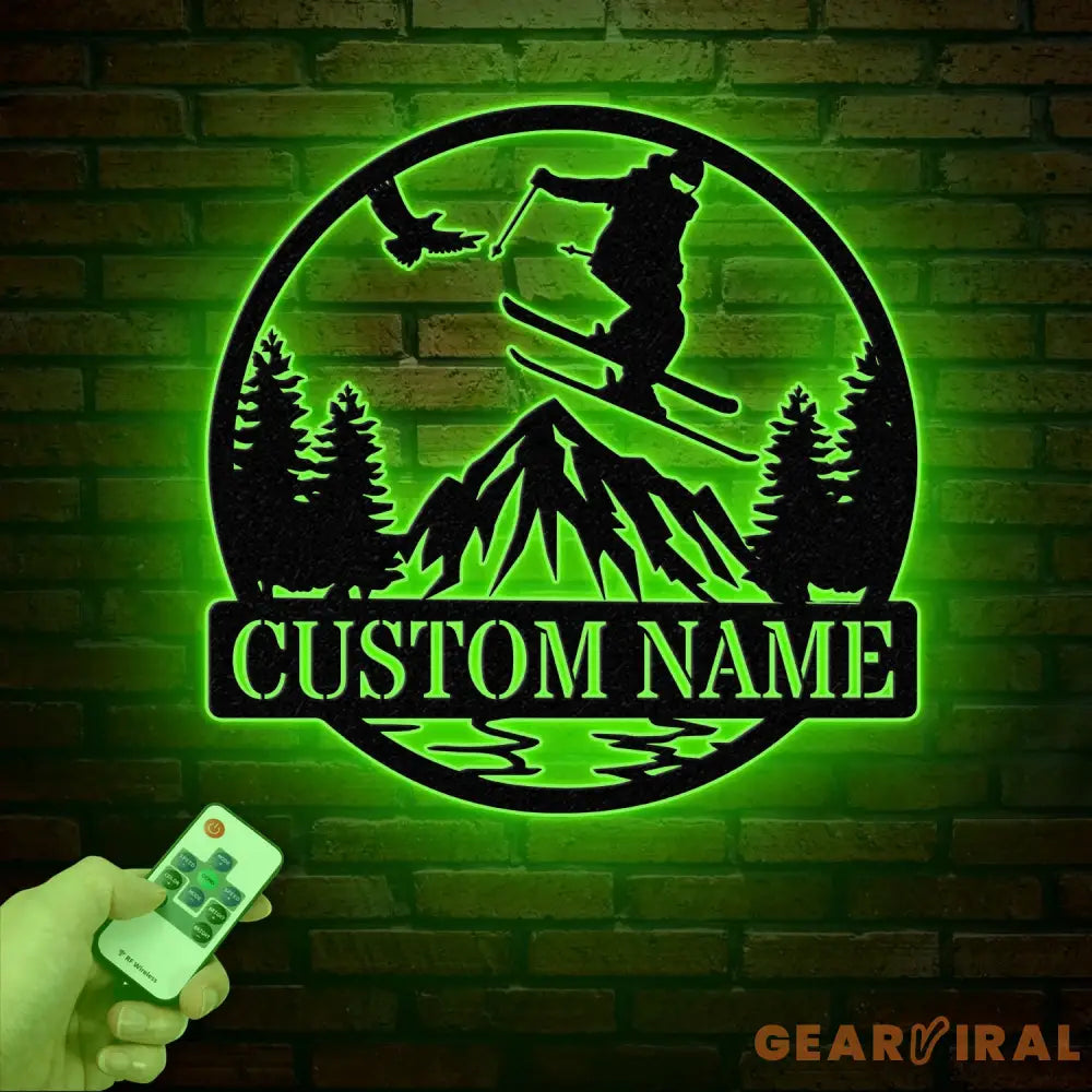 Custom Skiing Metal Sign with LED Lights - Personalized Ski Wall Art - Skier Gift & Monogram - Ski Home Decor & Snow