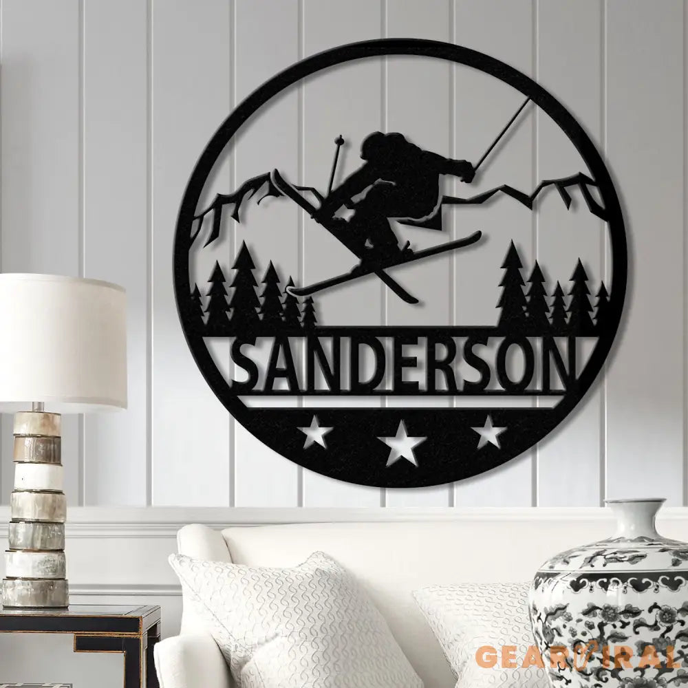 Custom Skiing Metal Sign with LED Lights - Personalized Ski Wall Art - Skier Gift & Monogram - Ski Home Decor & Snow