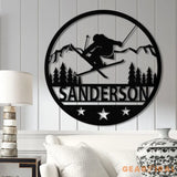 Custom Skiing Metal Sign with LED Lights - Personalized Ski Wall Art - Skier Gift & Monogram - Ski Home Decor & Snow