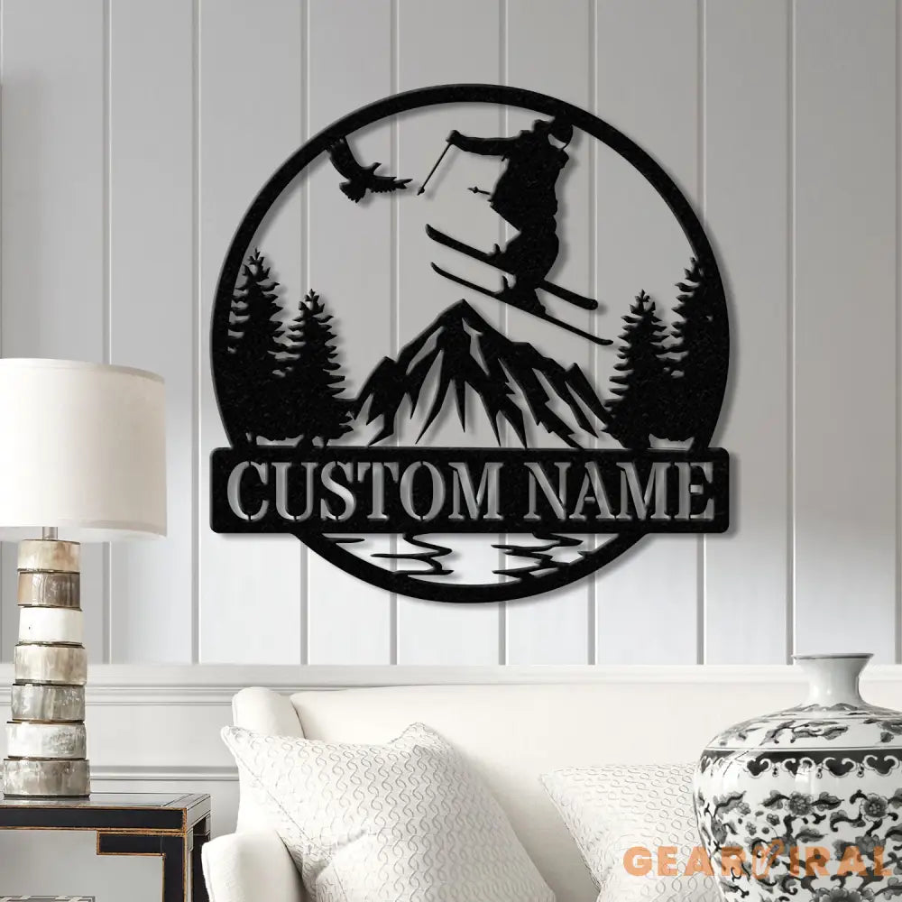 Custom Skiing Metal Sign with LED Lights - Personalized Ski Wall Art - Skier Gift & Monogram - Ski Home Decor & Snow