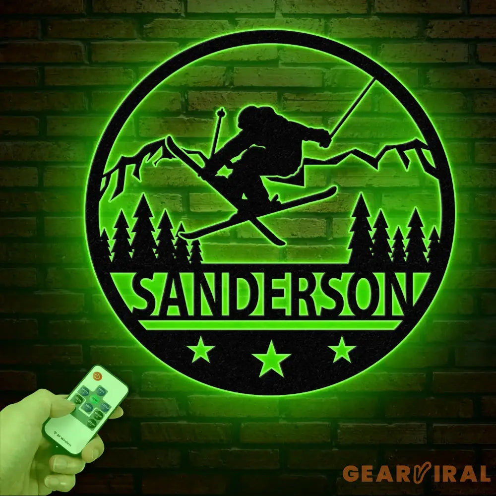 Custom Skiing Metal Sign with LED Lights - Personalized Ski Wall Art - Skier Gift & Monogram - Ski Home Decor & Snow