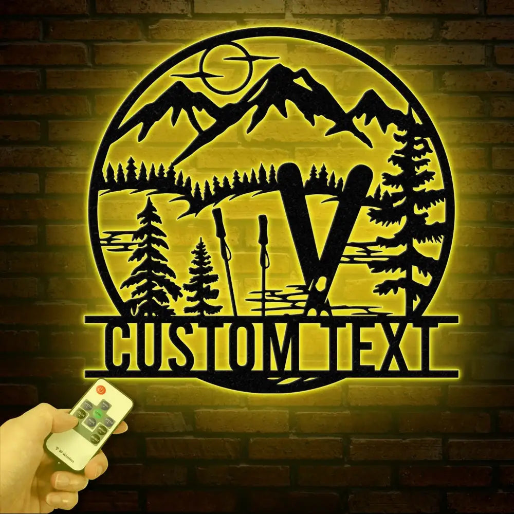 Custom Skiing Metal Sign with LED Lights - Personalized Ski Wall Art - Skier Gift & Monogram - Ski Home Decor & Snow