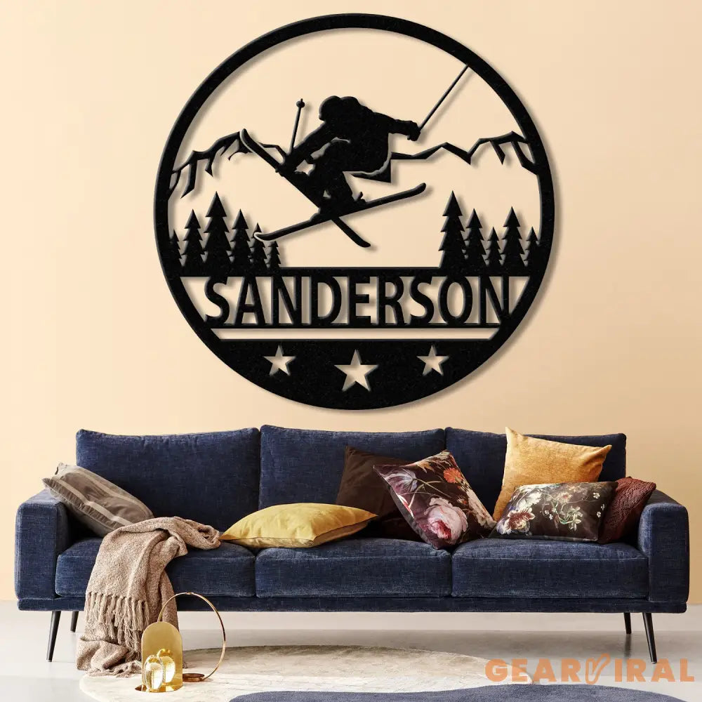 Custom Skiing Metal Sign with LED Lights - Personalized Ski Wall Art - Skier Gift & Monogram - Ski Home Decor & Snow