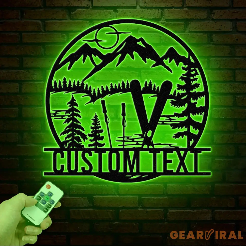 Custom Skiing Metal Sign with LED Lights - Personalized Ski Wall Art - Skier Gift & Monogram - Ski Home Decor & Snow