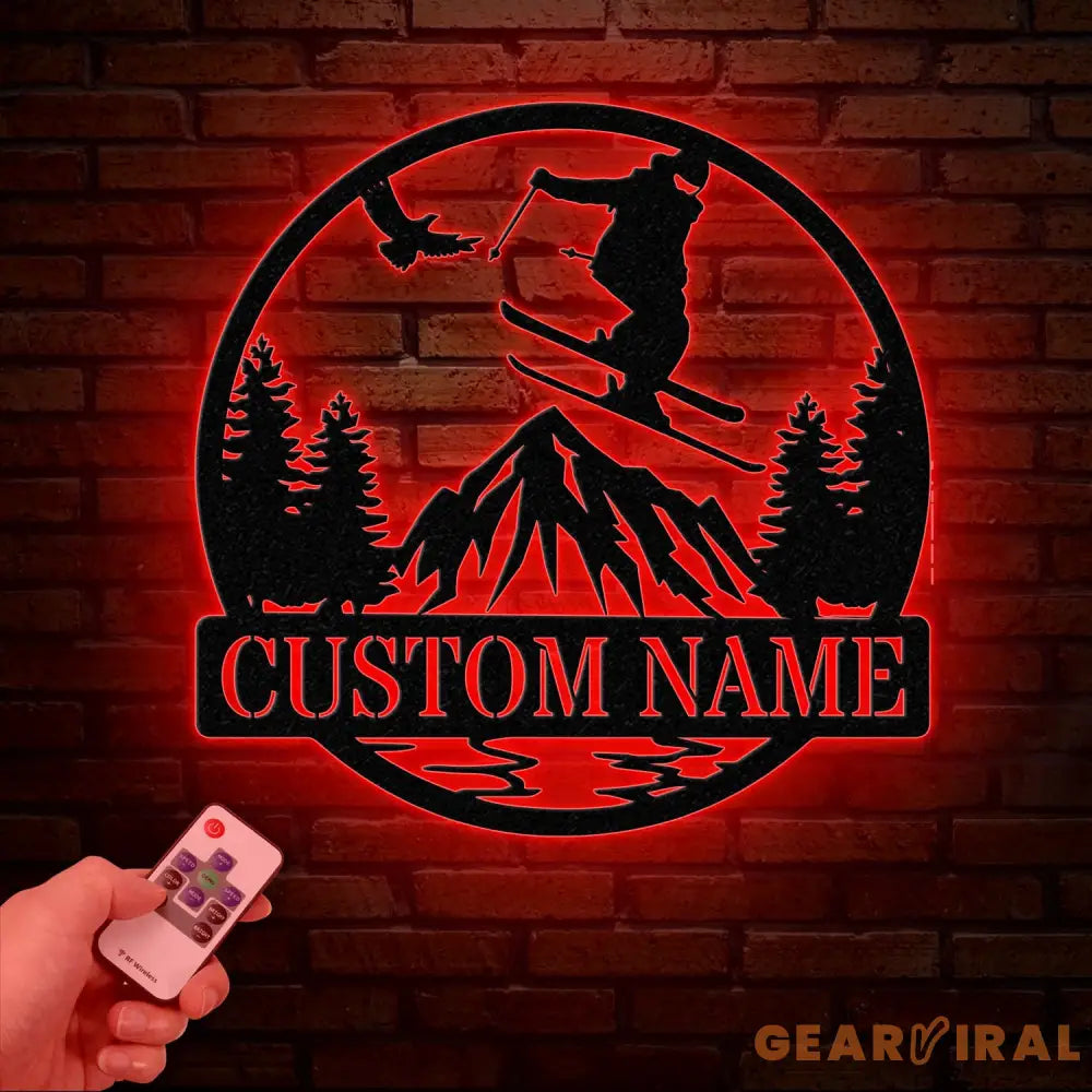 Custom Skiing Metal Sign with LED Lights - Personalized Ski Wall Art - Skier Gift & Monogram - Ski Home Decor & Snow