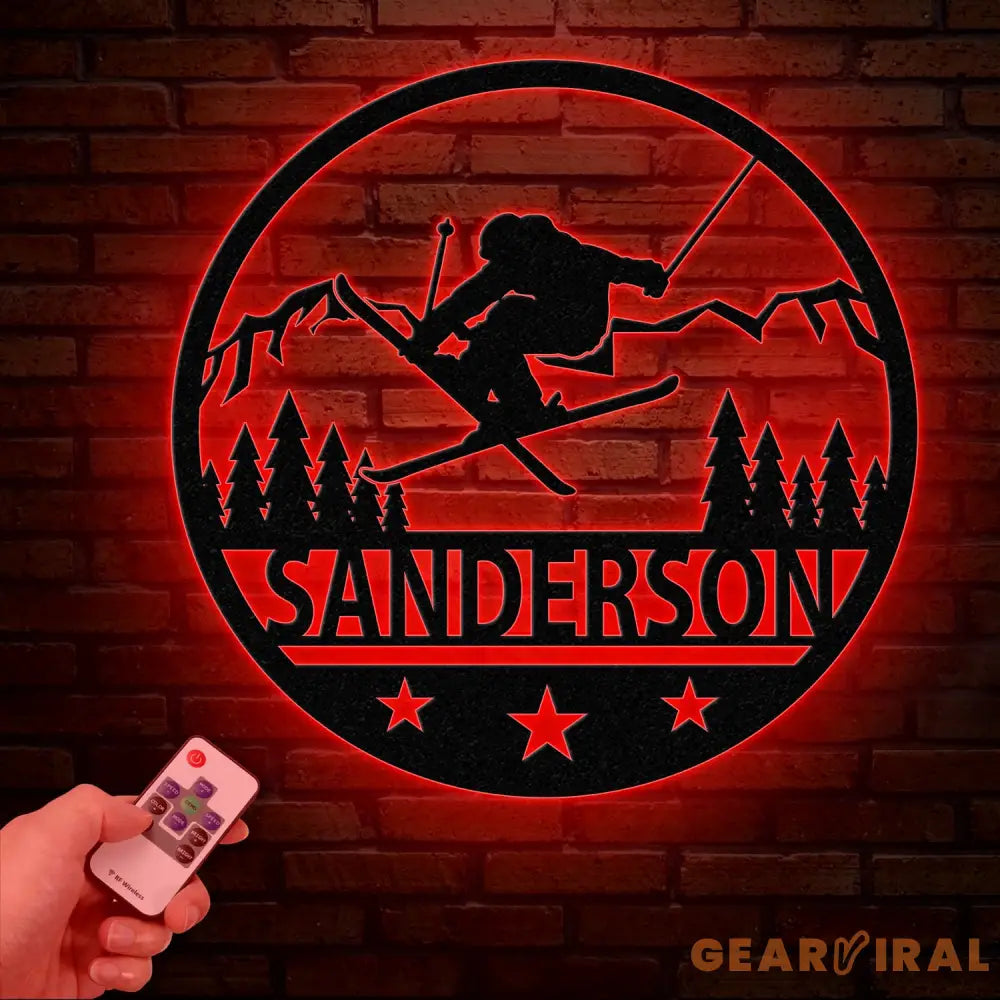 Custom Skiing Metal Sign with LED Lights - Personalized Ski Wall Art - Skier Gift & Monogram - Ski Home Decor & Snow