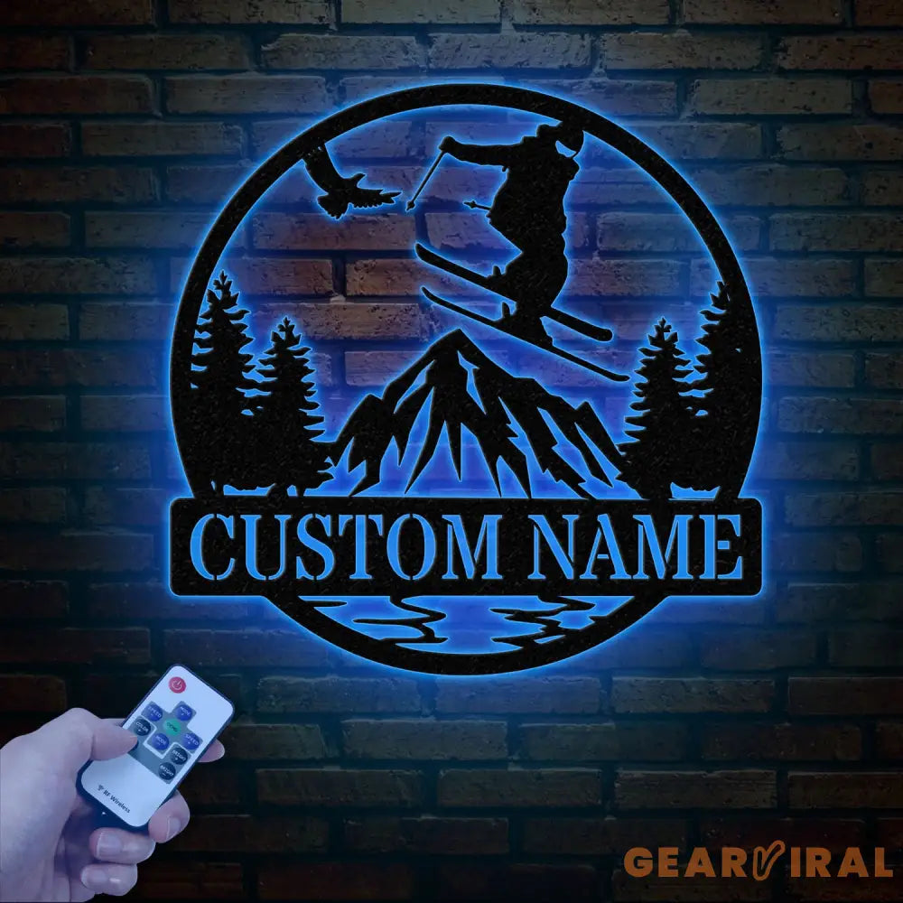 Custom Skiing Metal Sign with LED Lights - Personalized Ski Wall Art - Skier Gift & Monogram - Ski Home Decor & Snow