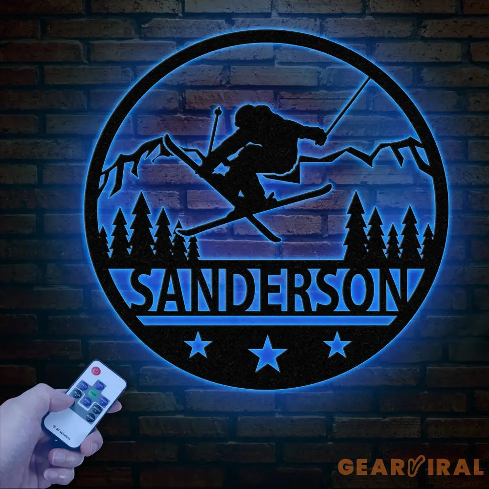 Custom Skiing Metal Sign with LED Lights - Personalized Ski Wall Art - Skier Gift & Monogram - Ski Home Decor & Snow