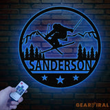 Custom Skiing Metal Sign with LED Lights - Personalized Ski Wall Art - Skier Gift & Monogram - Ski Home Decor & Snow