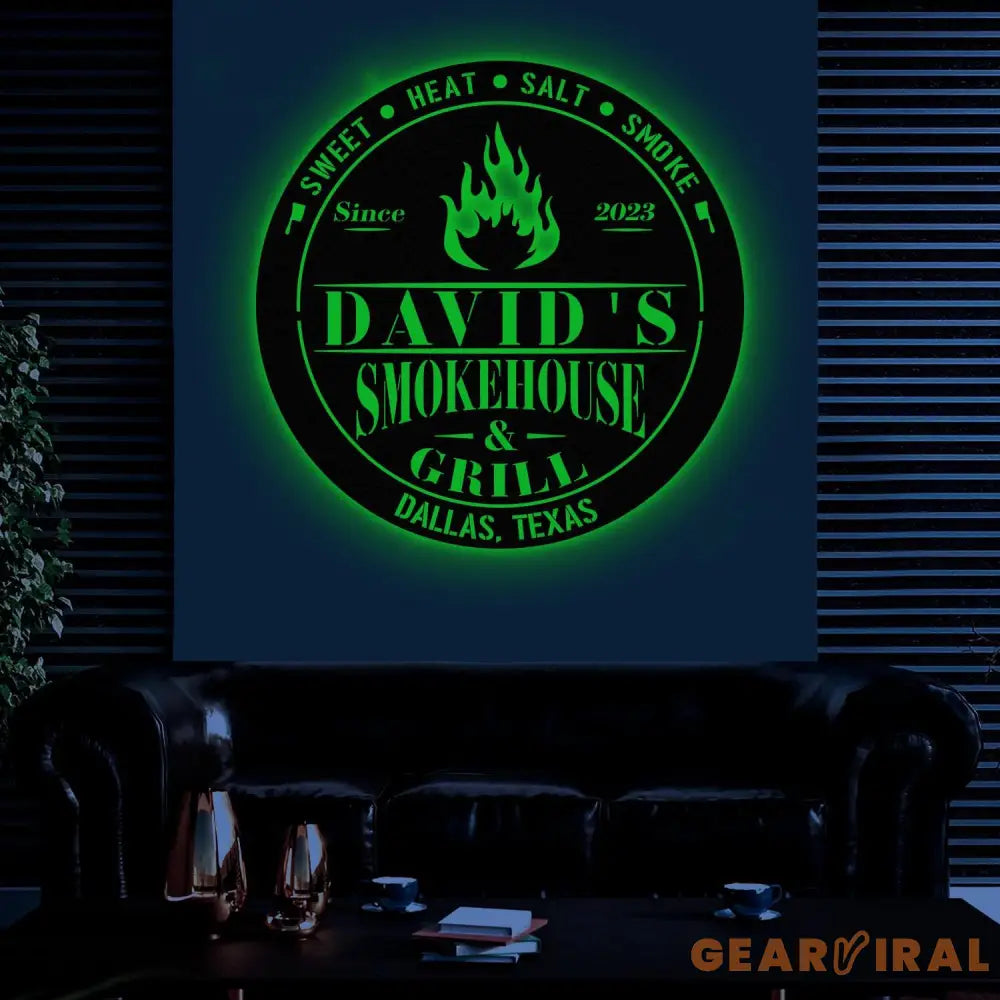 Custom Smoke House Metal Wall Art LED Light Personalized Backyard BBQ Name Sign Home Decor Barbecue Decoration Outdoor