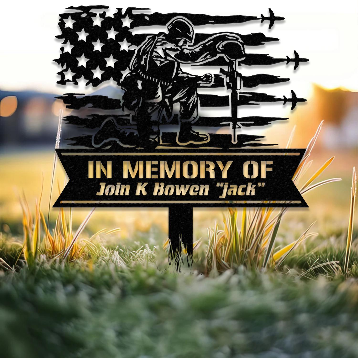 Custom Soldier Kneeling Metal Memorial Stake, Soldier Kneeling at Cross, Army Memorial, Remembrance Stake, Sympathy Sign, Grave Markers
