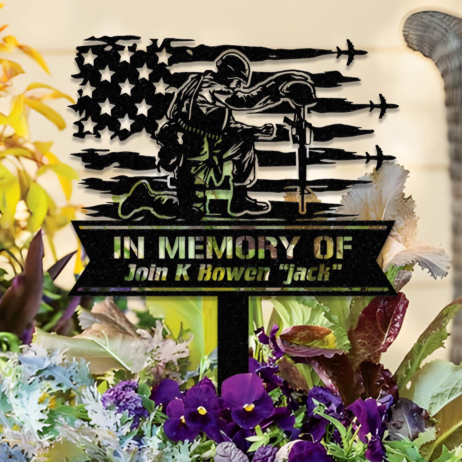 Custom Soldier Kneeling Metal Memorial Stake, Soldier Kneeling at Cross, Army Memorial, Remembrance Stake, Sympathy Sign, Grave Markers