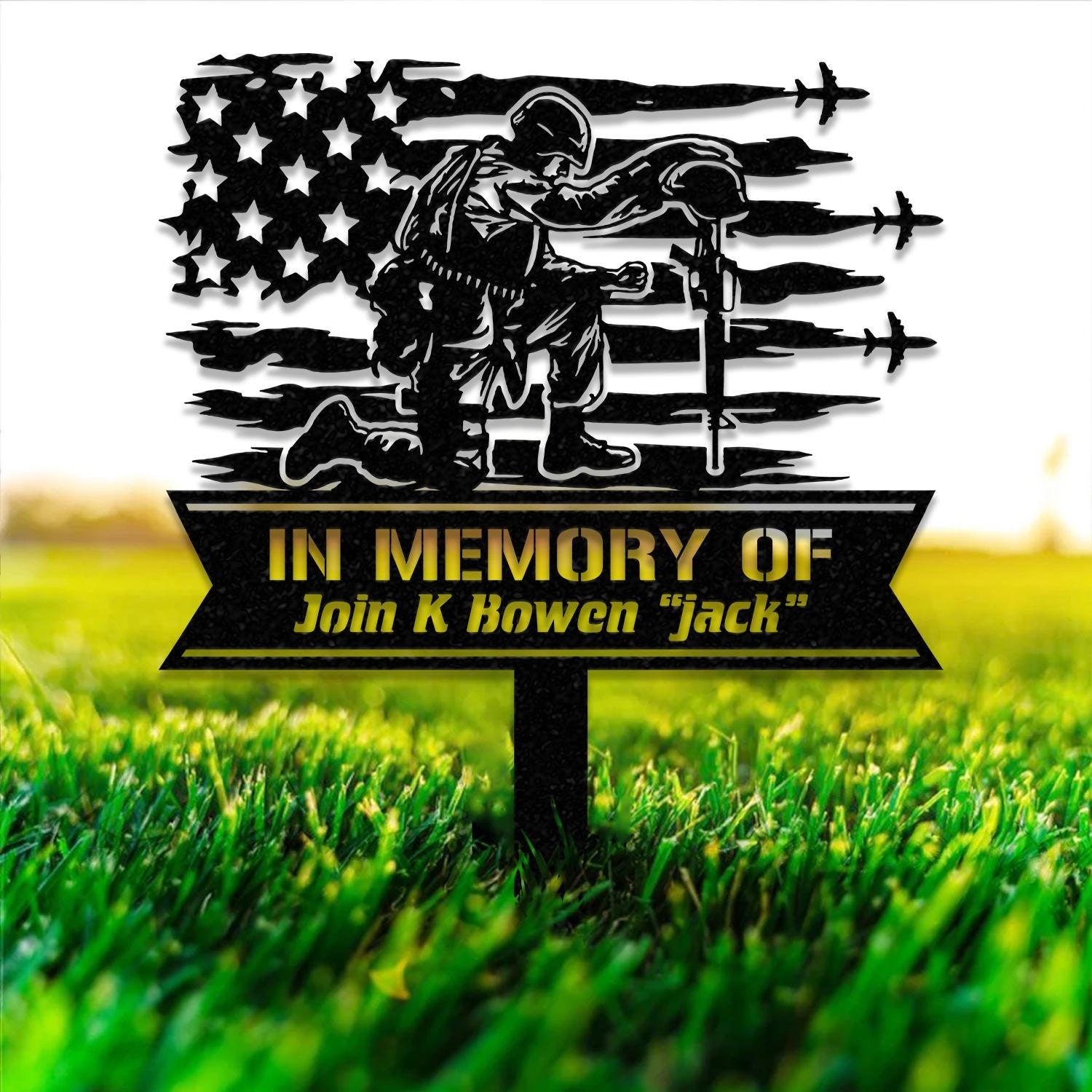 Custom Soldier Kneeling Metal Memorial Stake, Soldier Kneeling at Cross, Army Memorial, Remembrance Stake, Sympathy Sign, Grave Markers