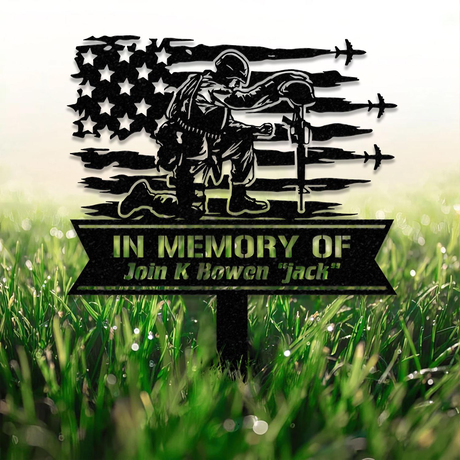 Custom Soldier Kneeling Metal Memorial Stake, Soldier Kneeling at Cross, Army Memorial, Remembrance Stake, Sympathy Sign, Grave Markers
