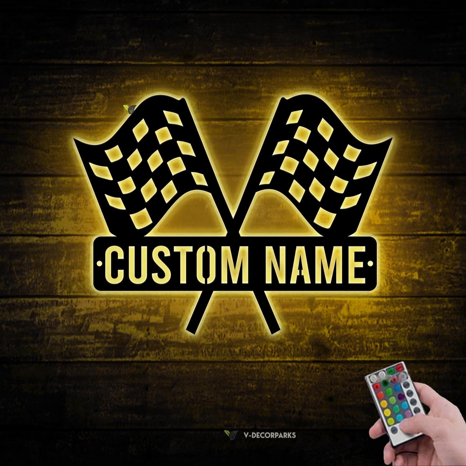 Custom Start Finish Racing Flag Metal Wall Art LED Light Personalized Race Checkered Flag Name Sign Home Decor Checker Topper Decor Gift | GearViral
