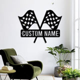 Custom Start Finish Racing Flag Metal Wall Art LED Light Personalized Race Checkered Flag Name Sign Home Decor Checker Topper Decor Gift | GearViral