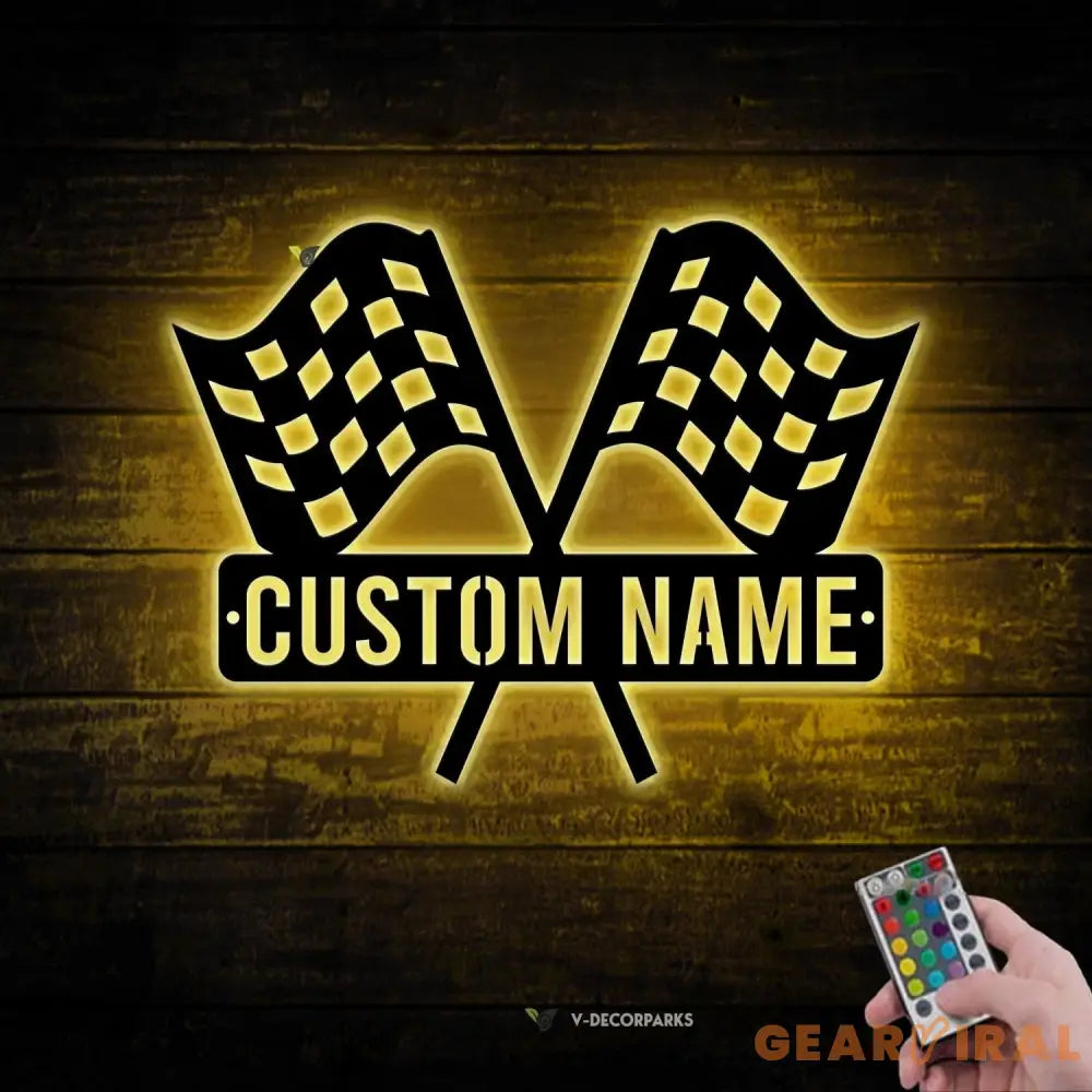 Custom Start Finish Racing Flag Metal Wall Art LED Light Personalized Race Checkered Flag Name Sign Home Decor Checker