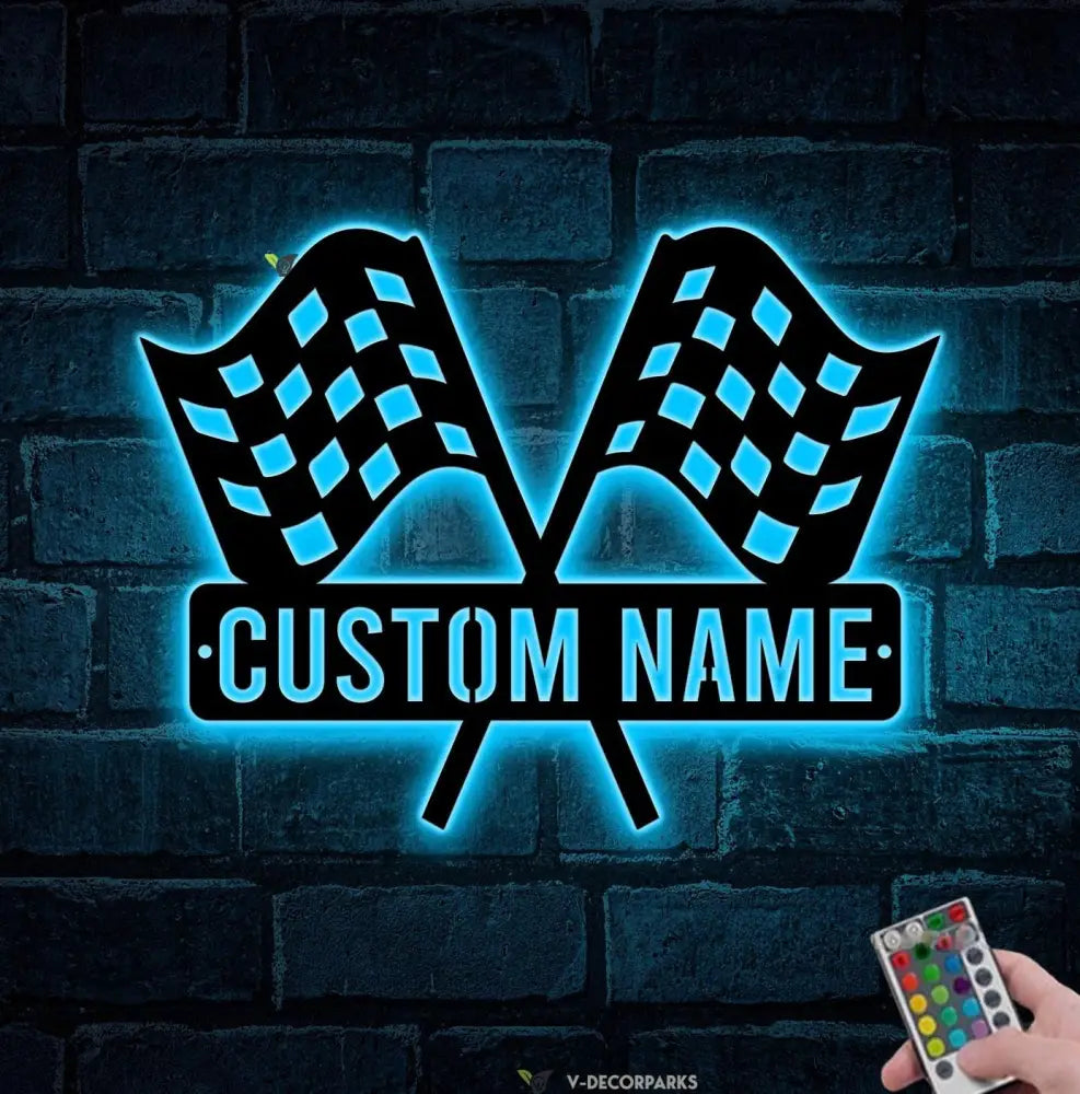 Custom Start Finish Racing Flag Metal Wall Art LED Light Personalized Race Checkered Flag Name Sign Home Decor Checker
