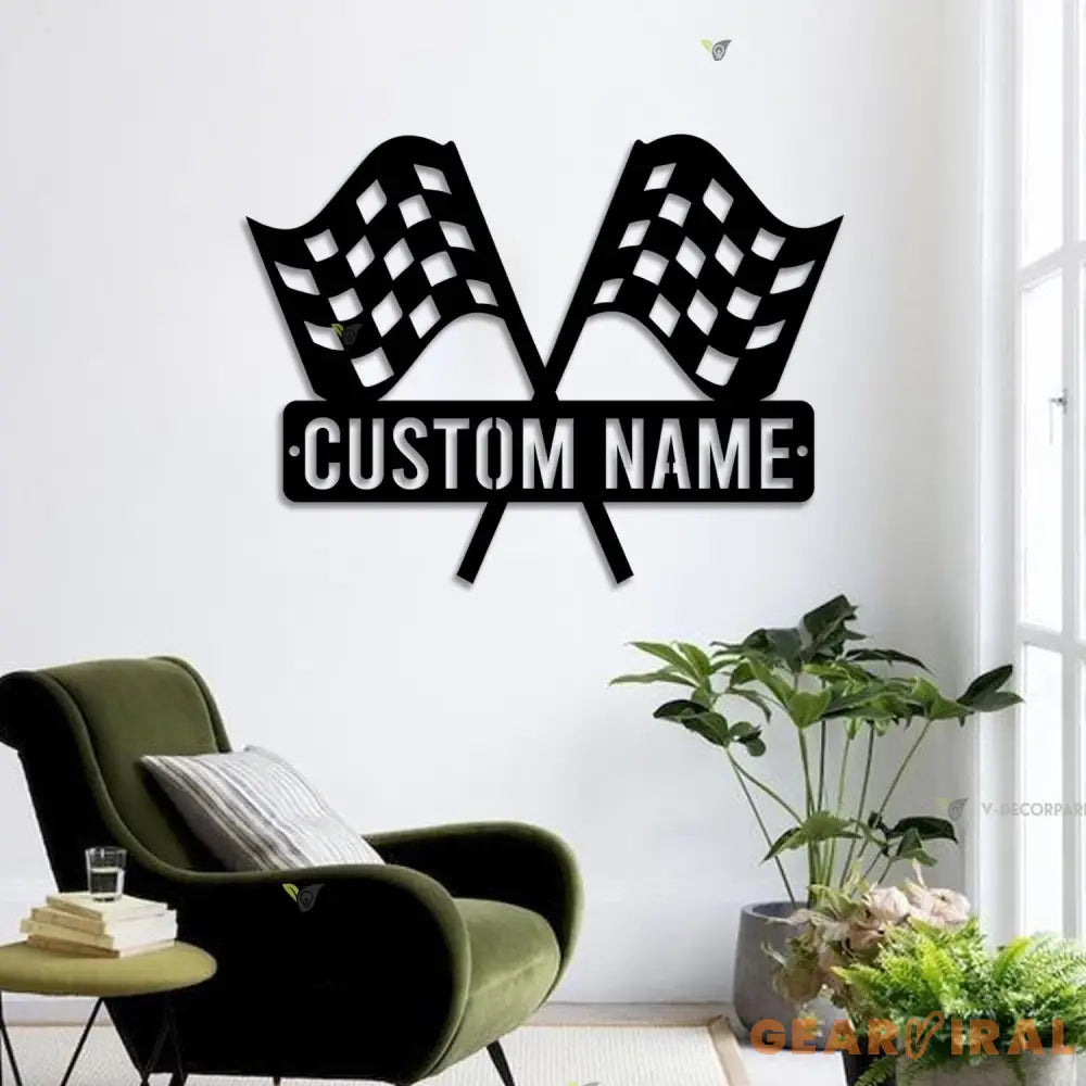 Custom Start Finish Racing Flag Metal Wall Art LED Light Personalized Race Checkered Flag Name Sign Home Decor Checker