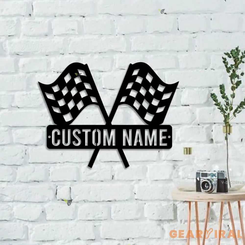 Custom Start Finish Racing Flag Metal Wall Art LED Light Personalized Race Checkered Flag Name Sign Home Decor Checker