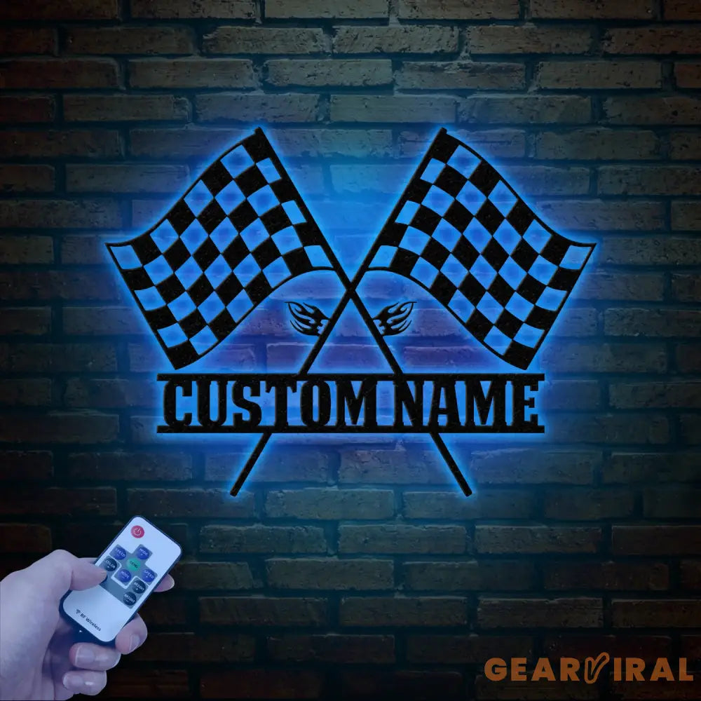 Custom Start Finish Racing Flag Metal Wall Art with LED Lights Personalized Checkered Flag Name Sign Home Decor & Race