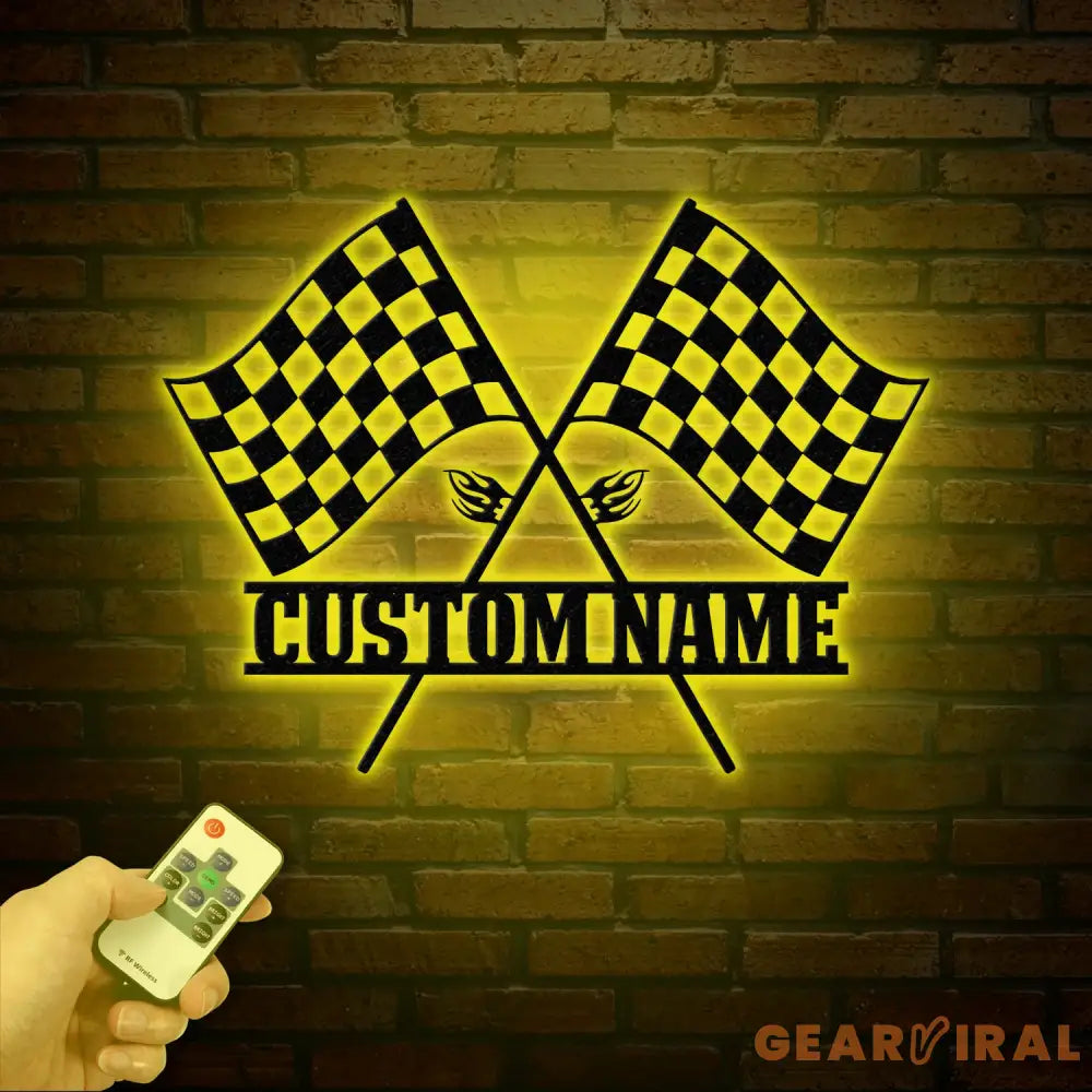 Custom Start Finish Racing Flag Metal Wall Art with LED Lights Personalized Checkered Flag Name Sign Home Decor & Race