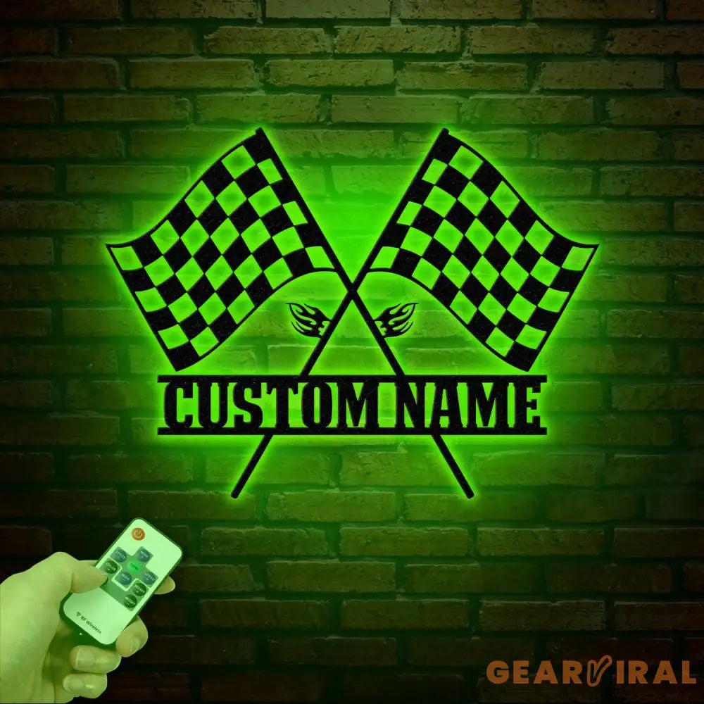 Custom Start Finish Racing Flag Metal Wall Art with LED Lights Personalized Checkered Flag Name Sign Home Decor & Race