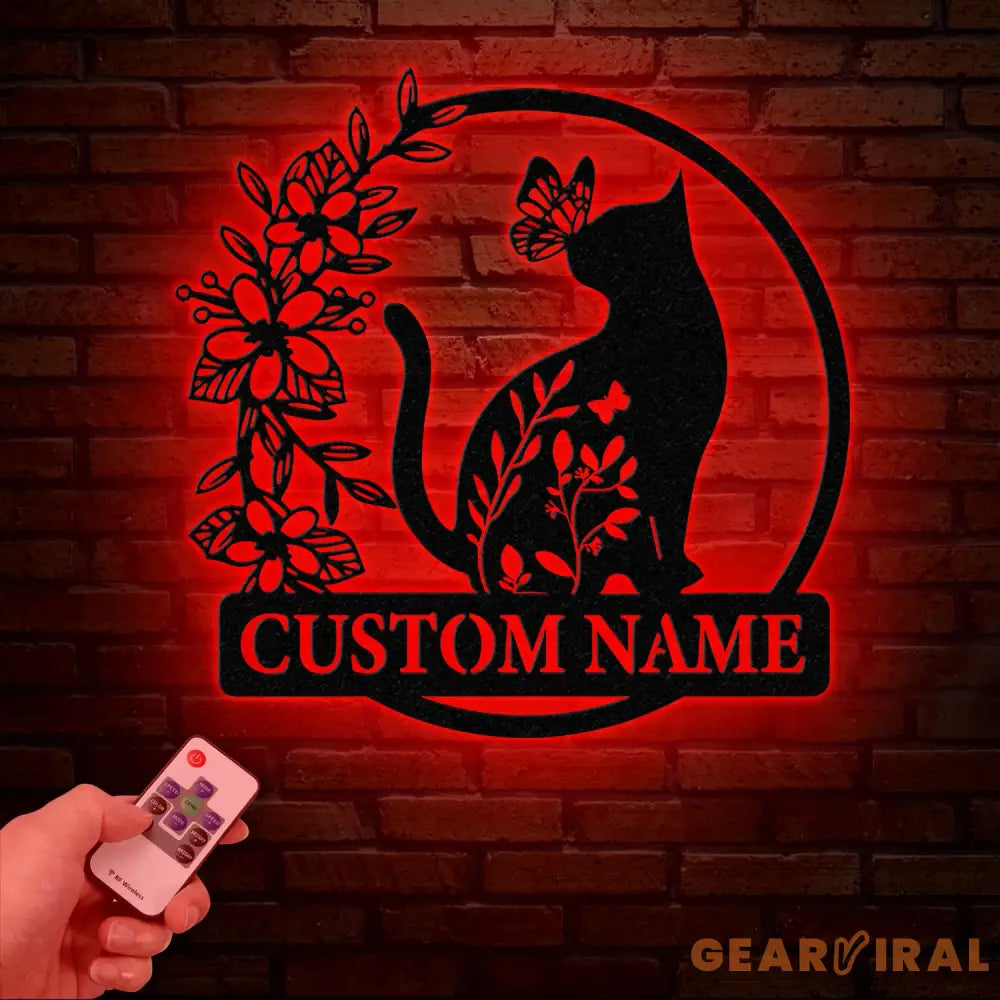 Custom TBack Cat Metal Sign with Led Lights Personalized Floral Cat Metal Sign Cat Wall Art Custom Cat Name Sign Pet