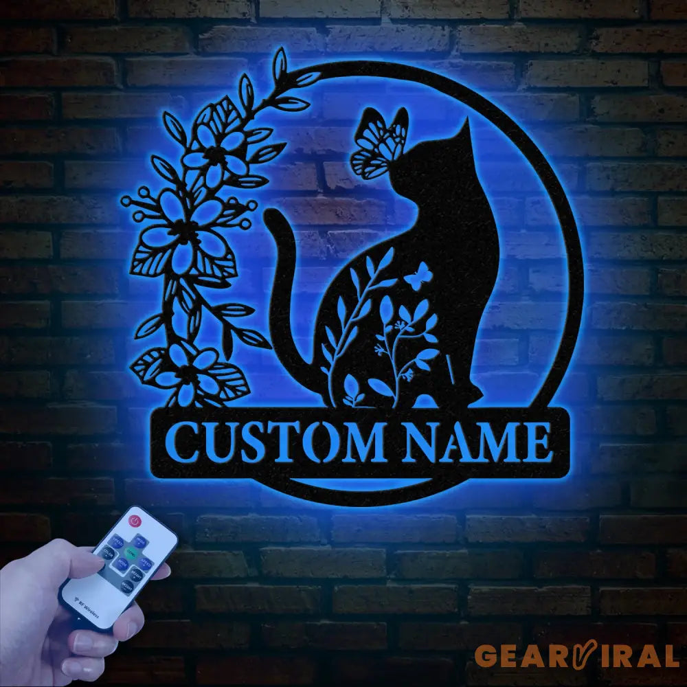 Custom TBack Cat Metal Sign with Led Lights Personalized Floral Cat Metal Sign Cat Wall Art Custom Cat Name Sign Pet