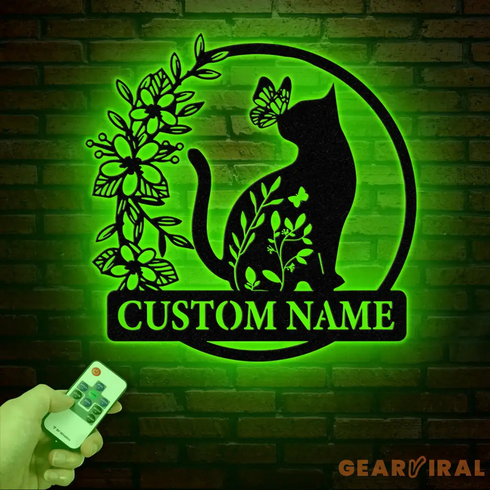 Custom TBack Cat Metal Sign with Led Lights Personalized Floral Cat Metal Sign Cat Wall Art Custom Cat Name Sign Pet