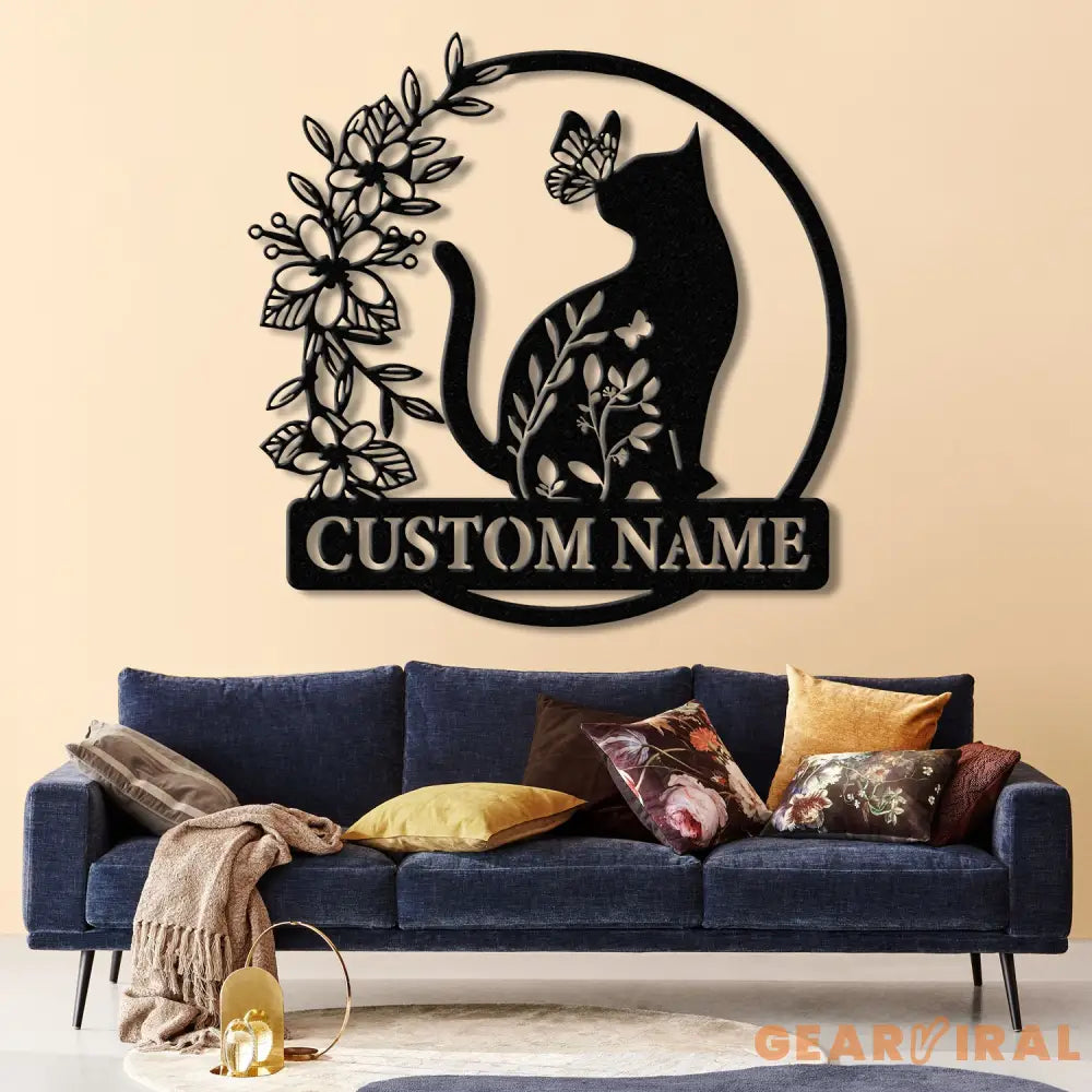 Custom TBack Cat Metal Sign with Led Lights Personalized Floral Cat Metal Sign Cat Wall Art Custom Cat Name Sign Pet