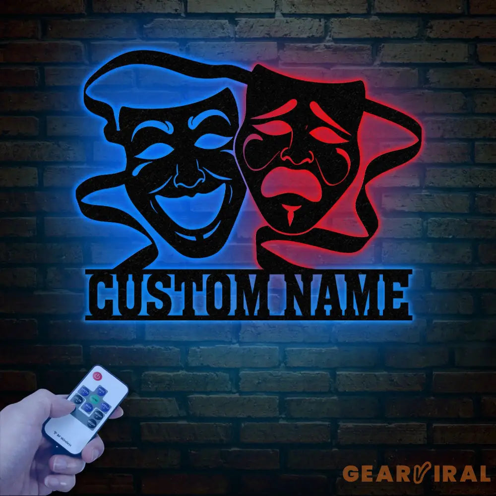 Custom Theater Mask Metal Sign with LED Light Drama Wall Decor Comedy Tragedy Mask Art Artistic Soul Wall Art Theater