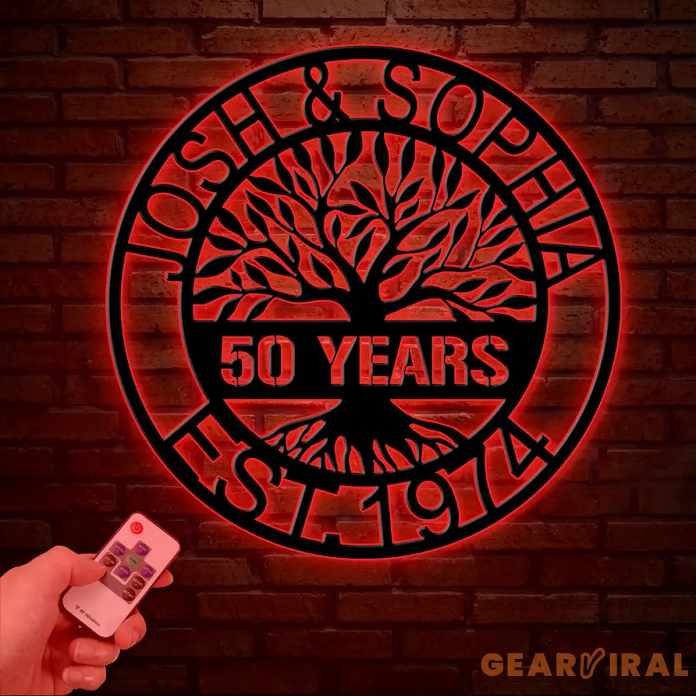 Custom Tree of Life Anniversary Metal Sign with LED Light 50th Wedding Anniversary Gift Personalized Family Name Wall