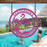 Custom Tropical Flamingo Metal Sign Personalized Backyard Decor with Palm Trees Pool Sign Home Decor For Backyard
