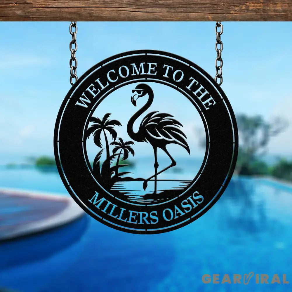 Custom Tropical Flamingo Metal Sign Personalized Outdoor Patio Decor with Palm Trees Pool Sign Home Decor For Backyard