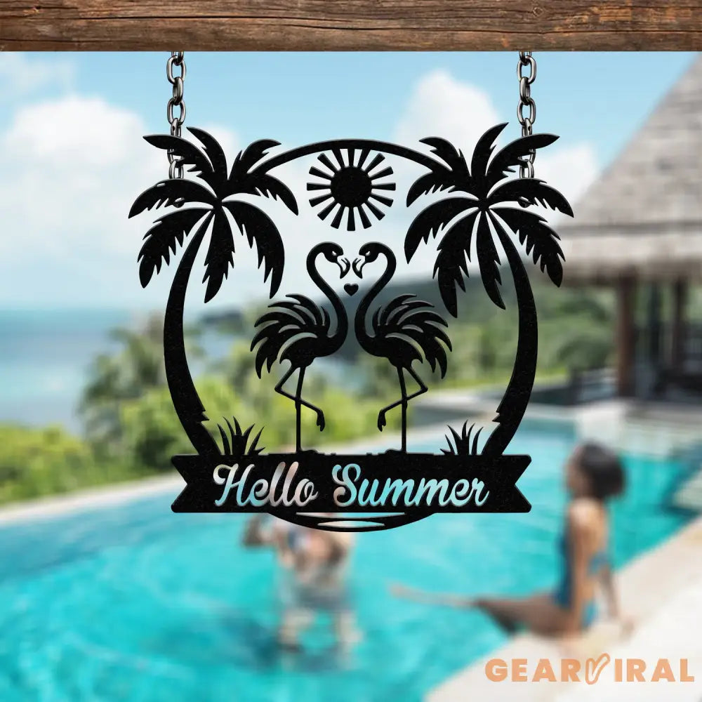 Custom Tropical Flamingo Metal Sign Personalized Outdoor Patio Decor with Palm Trees Pool Sign Home Decor For Backyard